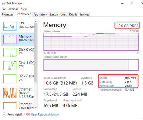 RAM speed and type by task manager
